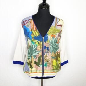 Tricot Chic blue green tropical print front cream back front zip cardigan US 12